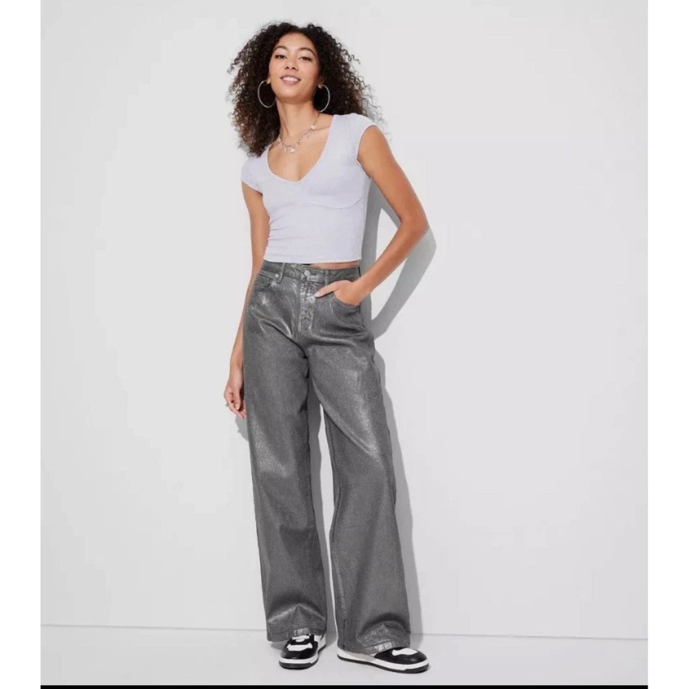 Wild Fable High-Rise Baggy Jean Silver Metallic Coated Denim 00 31.5 Inseam